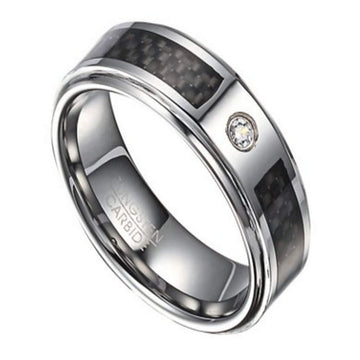 Tungsten and CZ Ring for Men with Black Carbon Fiber Inlay | 8mm