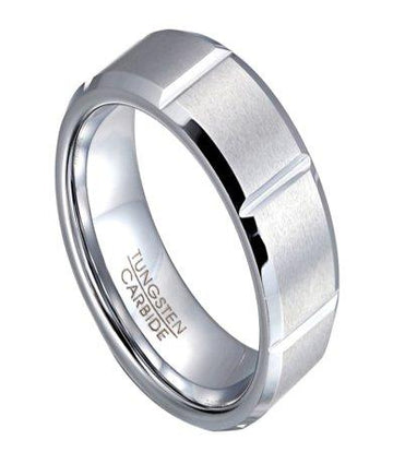 White Tungsten Men's Ring with Polished Vertical Notches | 8mm