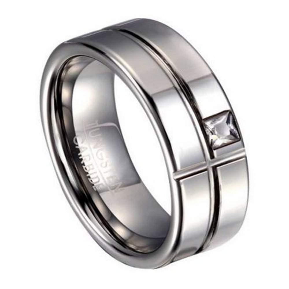 Men's Tungsten Ring with Intersecting Grooves and White CZ | 8mm