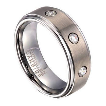 Brushed Finish Men's Tungsten Wedding Ring, 3 Bezel Set CZ | 8mm