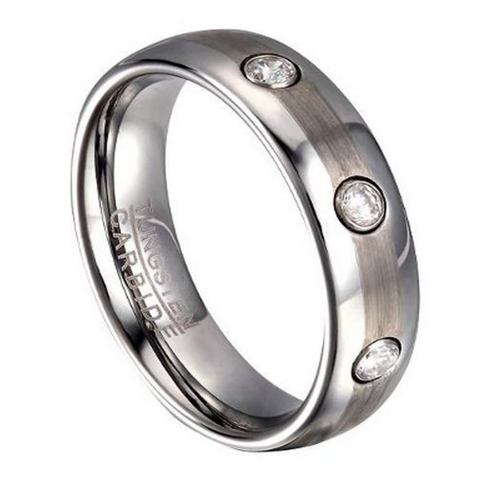 Tungsten Wedding Ring for Men with 3 CZ and Rounded Edges | 6mm