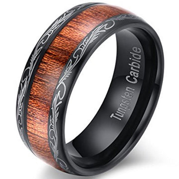 Black Tungsten Koa Wood Ring with Tribal Edge Design | 8mm