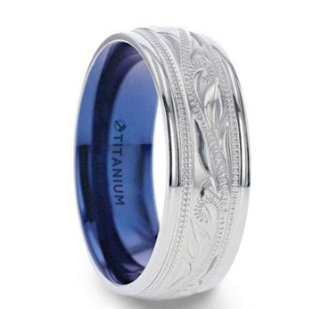 MARINER Titanium Milgrain Engraved Finish Men 's Ring with Blue Plating Inside