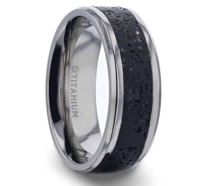 MAUNA Black And Gray Lava Inlaid Titanium Men's Ring Polished Beveled Edges