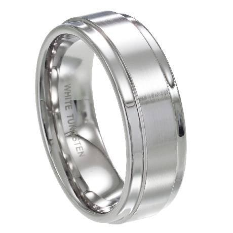 Men's White Tungsten Ring with Flat Satin Finish and Polished Edges-8mm