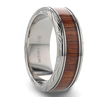 OHANA Koa Wood Inlaid Titanium Men’s Ring with Intricate Edges