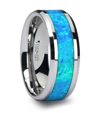 QUASAR Tungsten Wedding Band with Blue Green Opal Inlay-8mm