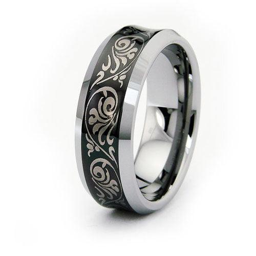 8mm High Polished Floral Laser Engraved Tungsten Band