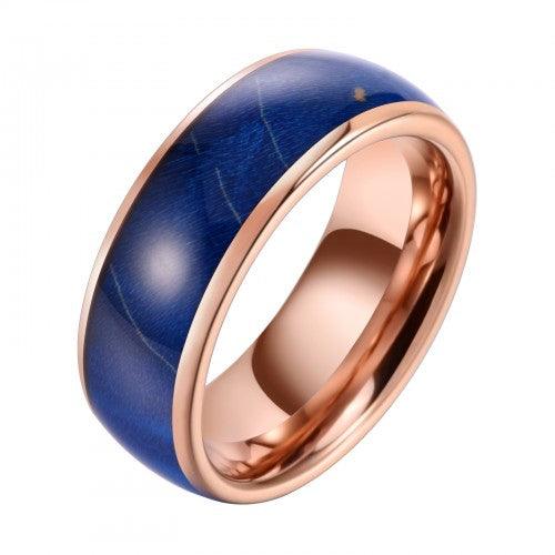 8mm Blue Cured Wood Rose Gold Tungsten Carbide Men's Ring