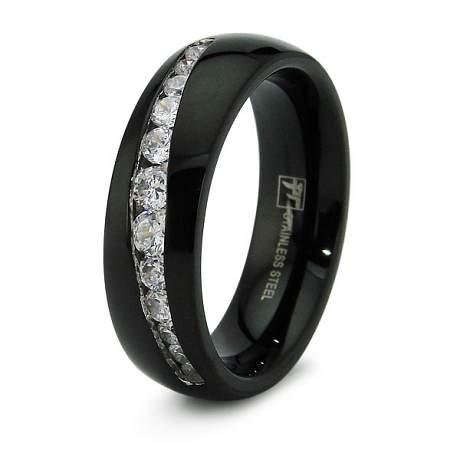 Black Stainless Steel Wedding Band with 12 CZ's - 7mm