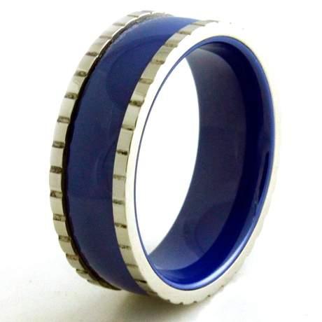 Stainless Steel Ceramic Royal Blue Ring With Block Edges-8mm