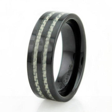 Black Ceramic Ring with Gray Carbon Fiber Inlay-8mm - Just Mens Rings