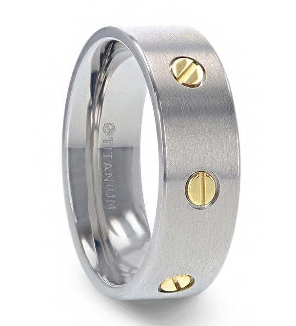 RESOLUTE Titanium Flat Brushed Finish Men's Wedding Ring With Rotating Screw Design