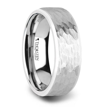 MARTEL White Tungsten Ring with Hammered Finish and Polished Bevels - 10mm