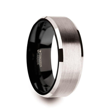 VEGA White Tungsten Brushed Center Beveled Edges & Black Interior Ring- 8mm