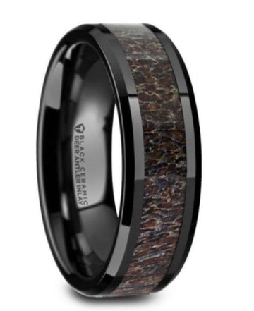 TINE Black Ceramic Polished Beveled Men's Band Dark Brown Antler Inlay - 6mm