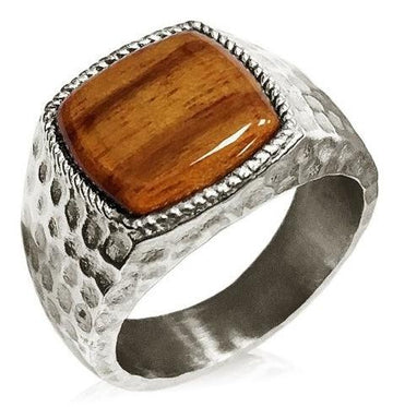 Stainless Steel Hammer Style Cherry Wood Inlay Signet Style Ring-13mm